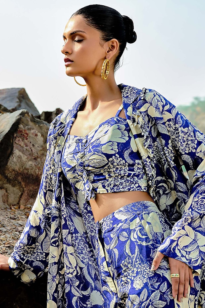 Indigo Blue Bemberg Silk Embellished Jacket Set by Sana Barreja at Pernia's Pop Up Shop