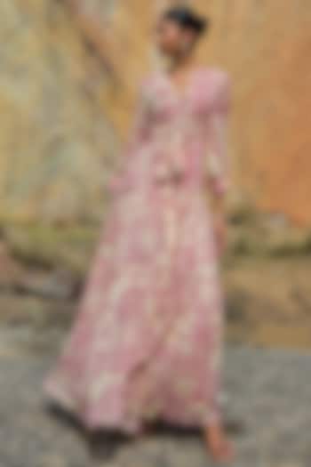 Rose Pink Georgette Embellished Crosshatch Jacket Set by Sana Barreja at Pernia's Pop Up Shop