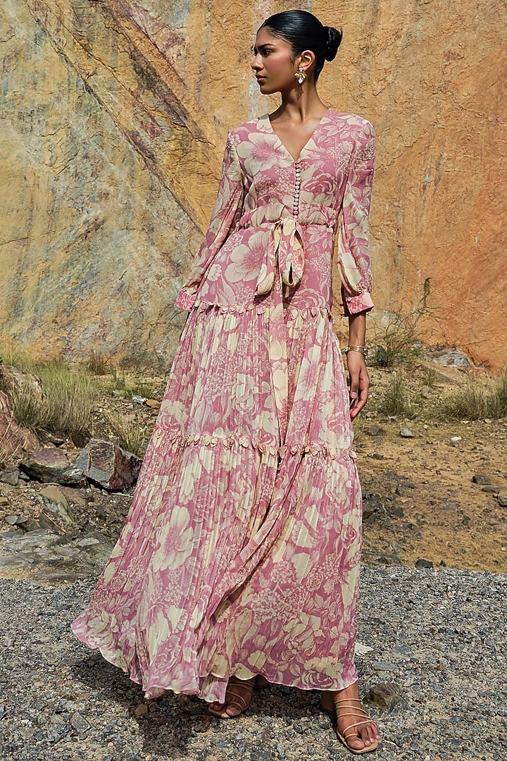 Rose Pink Georgette Embellished Crosshatch Jacket Set by Sana Barreja at Pernia's Pop Up Shop