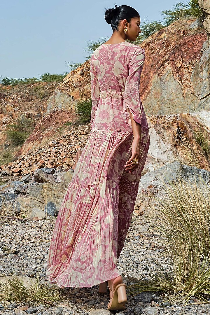 Rose Pink Georgette Embellished Crosshatch Jacket Set by Sana Barreja at Pernia's Pop Up Shop