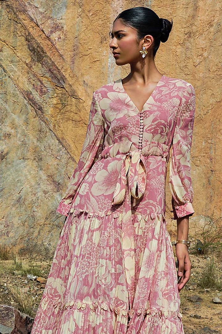 Rose Pink Georgette Embellished Crosshatch Jacket Set by Sana Barreja at Pernia's Pop Up Shop