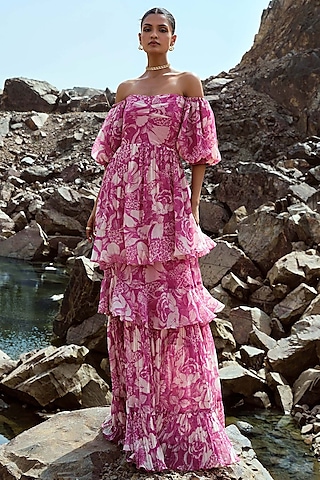 Fuchsia Chiffon Ruched Off-Shoulder Dress by Sana Barreja