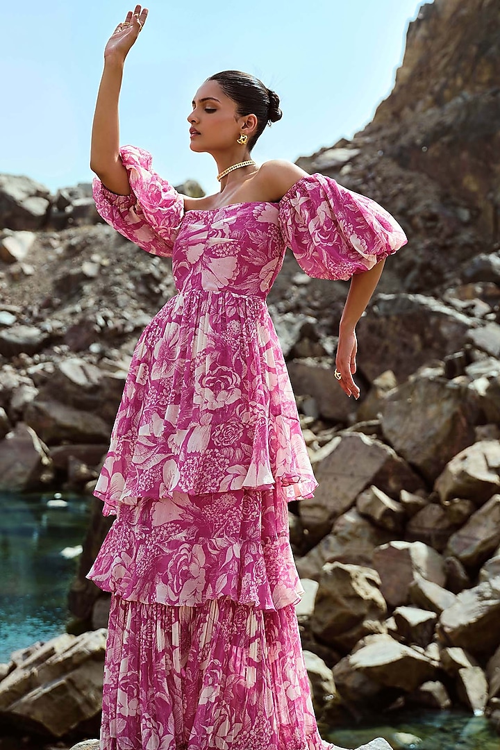 Fuchsia Chiffon Ruched Off-Shoulder Vacation Dress by Sana Barreja at Pernia's Pop Up Shop