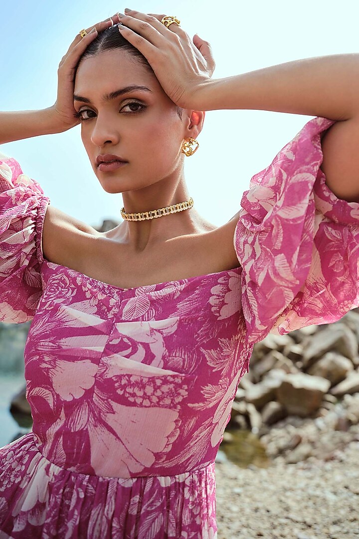 Fuchsia Chiffon Ruched Off-Shoulder Vacation Dress by Sana Barreja at Pernia's Pop Up Shop