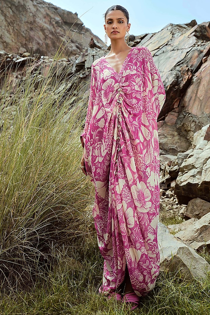 Fuchsia Georgette Lurex Embellished Kaftan Vacation Dress by Sana Barreja at Pernia's Pop Up Shop