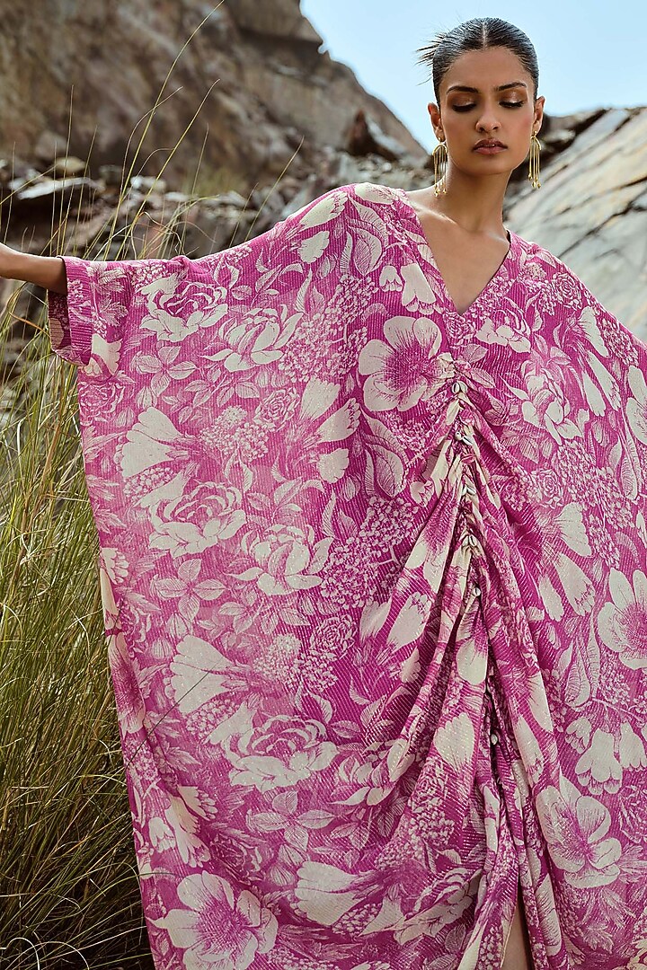 Fuchsia Georgette Lurex Embellished Kaftan Vacation Dress by Sana Barreja at Pernia's Pop Up Shop