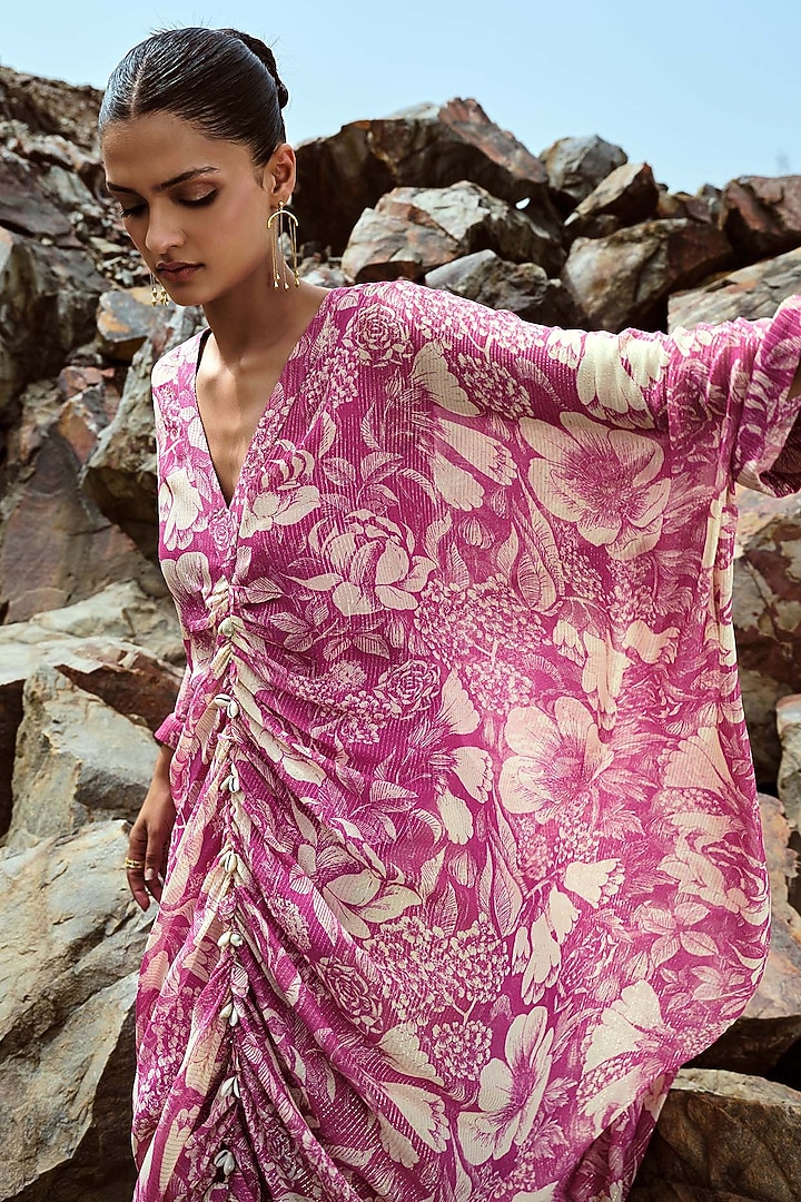 Fuchsia Georgette Lurex Embellished Kaftan Vacation Dress by Sana Barreja at Pernia's Pop Up Shop