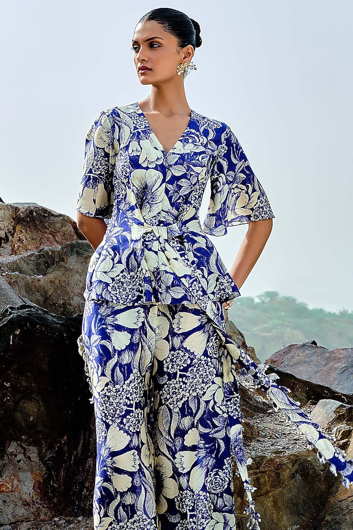 Indigo Blue Embellished Crosshatch Co-Ord Set by Sana Barreja at Pernia's Pop Up Shop