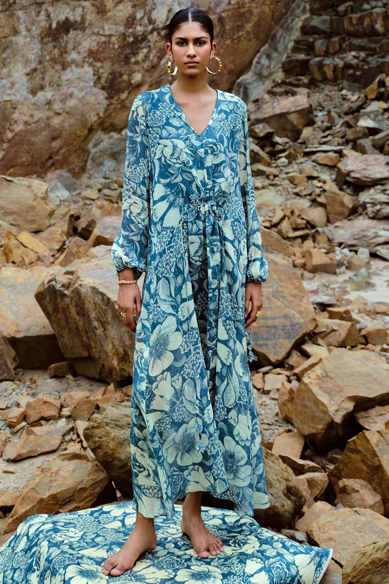 Teal Georgette Embellished Kaftan Summer Dress by Sana Barreja at Pernia's Pop Up Shop