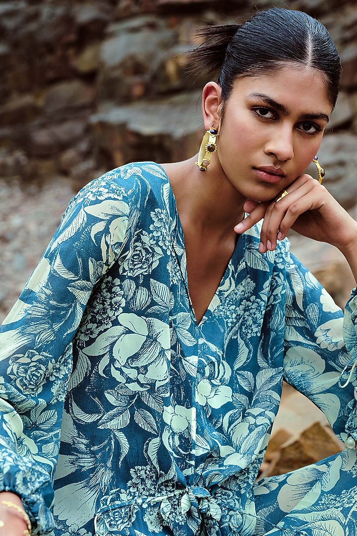 Teal Georgette Embellished Kaftan Summer Dress by Sana Barreja at Pernia's Pop Up Shop