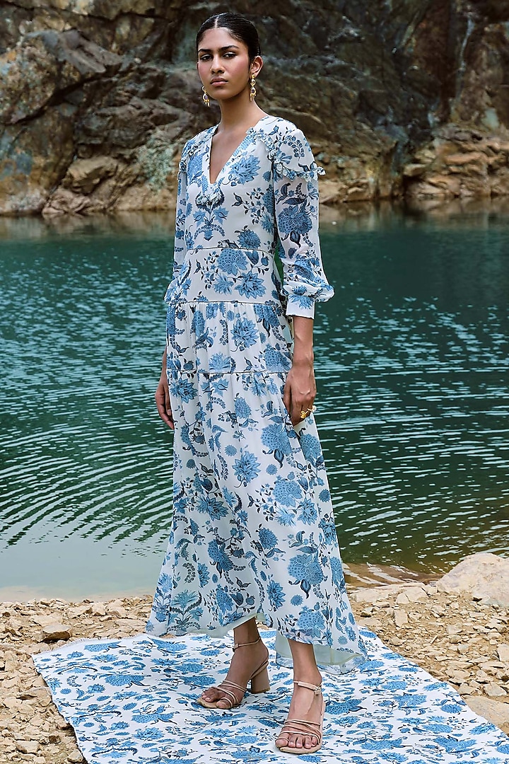 Ivory & Blue Chiffon Embellished Dress by Sana Barreja