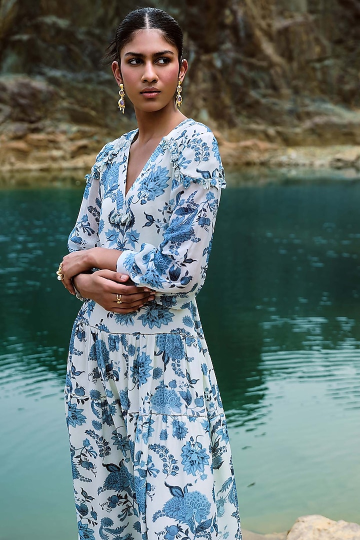 Ivory & Blue Chiffon Embellished Vacation Dress by Sana Barreja at Pernia's Pop Up Shop