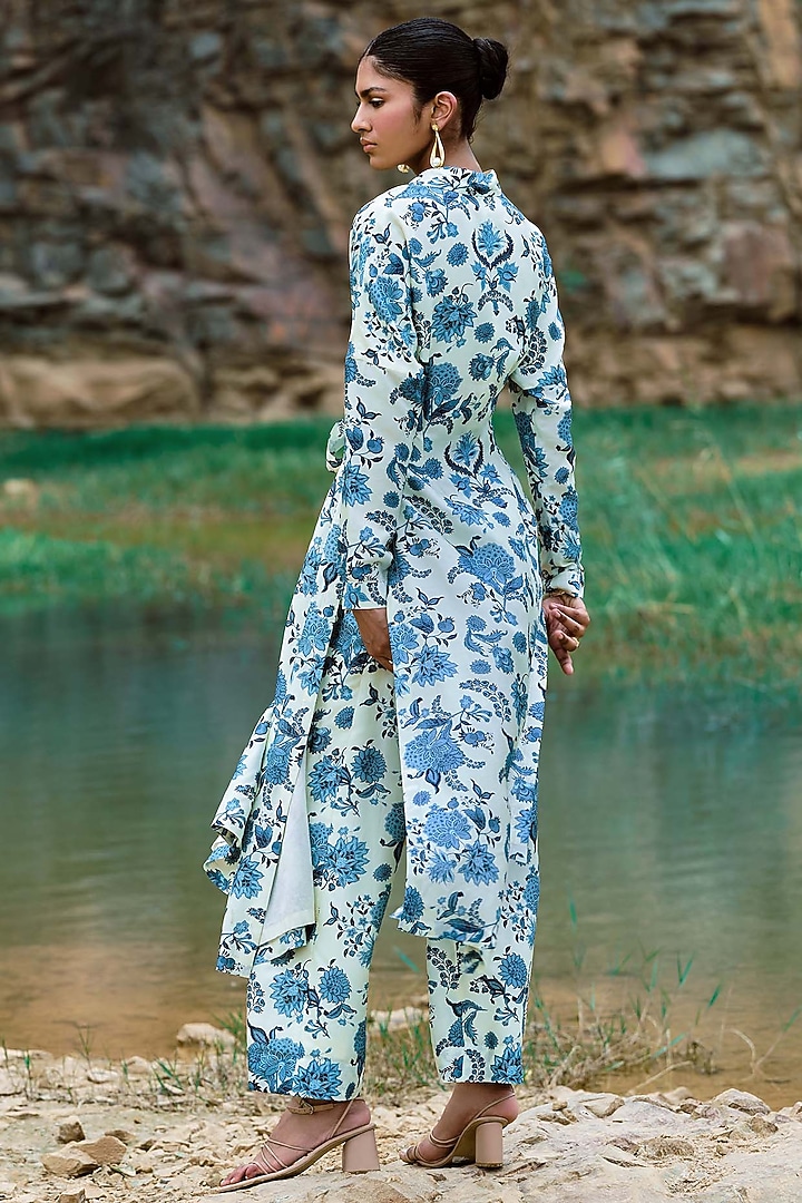 Ivory & Blue Bemberg Silk Embellished Co-Ord Set by Sana Barreja at Pernia's Pop Up Shop