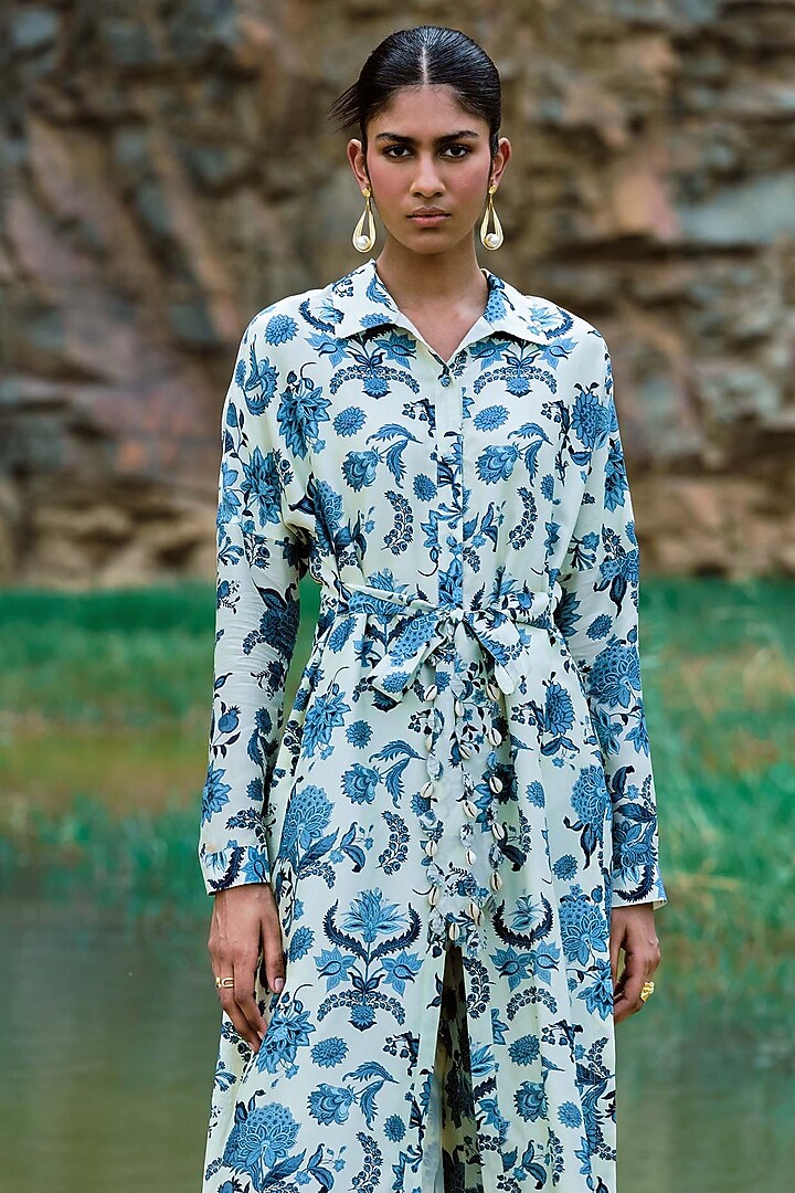 Ivory & Blue Bemberg Silk Embellished Co-Ord Set by Sana Barreja at Pernia's Pop Up Shop