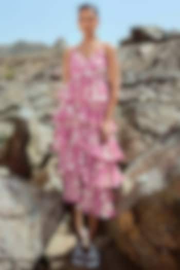 Fuchsia Georgette Layered Skirt Set by Sana Barreja