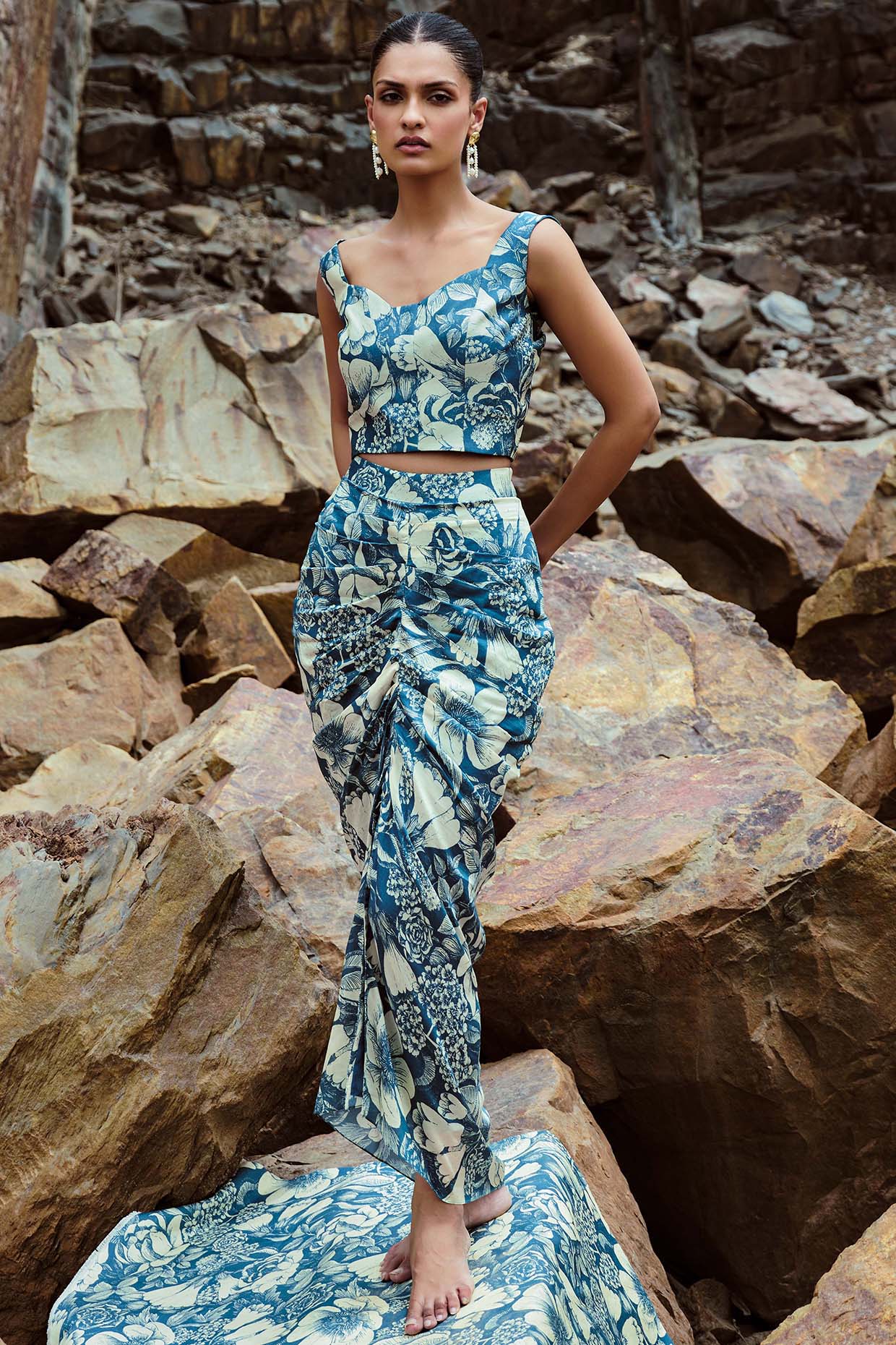 Teal Bemberg Silk Pre-Draped Skirt Set by Sana Barreja at Pernia's Pop Up Shop