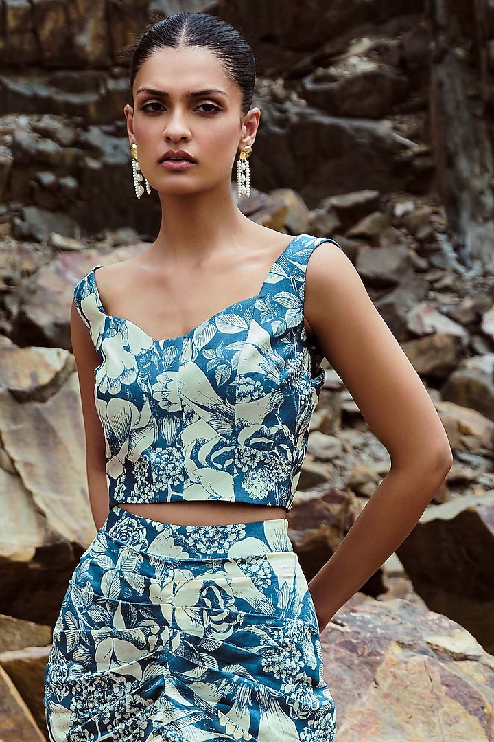 Teal Bemberg Silk Pre-Draped Skirt Set by Sana Barreja at Pernia's Pop Up Shop