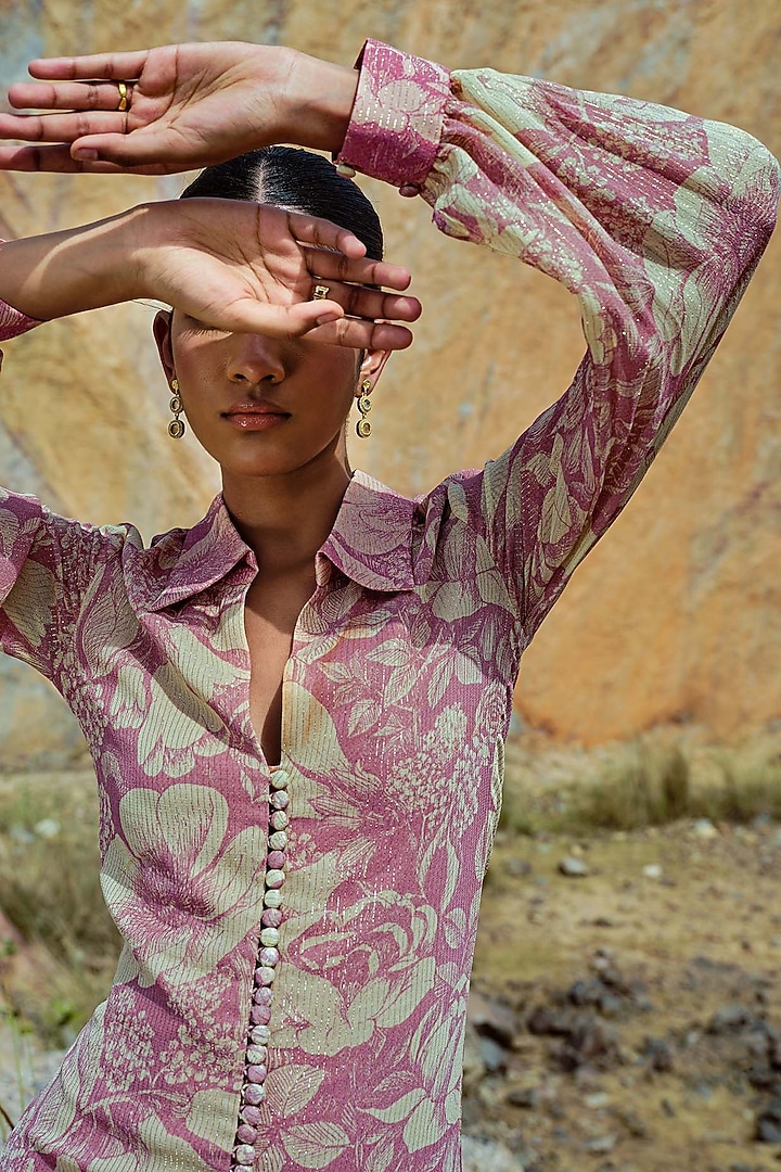 Rose Pink Georgette Lurex Cross-Hatch Maxi Vacation Dress by Sana Barreja at Pernia's Pop Up Shop