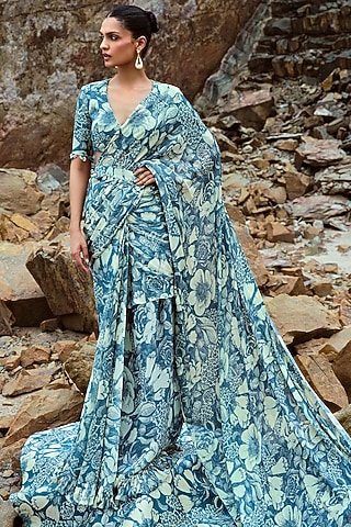 Teal Georgette Lurex Cross-Hatch Saree Set by Sana Barreja