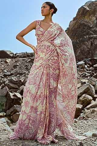 Rose Pink Georgette Lurex Cross-Hatch Saree Set by Sana Barreja