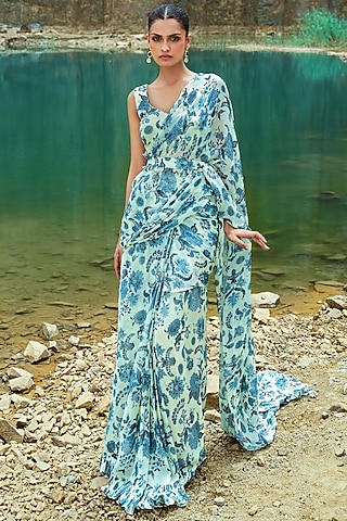 Ivory & Blue Georgette Lurex Saree Set by Sana Barreja