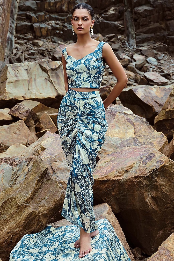 Teal Bemberg Satin Pre-Draped Skirt Set by Sana Barreja at Pernia's Pop Up Shop