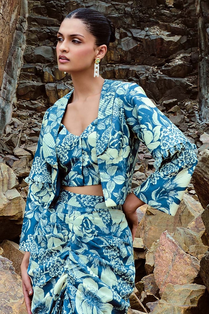 Teal Bemberg Satin Pre-Draped Skirt Set by Sana Barreja at Pernia's Pop Up Shop