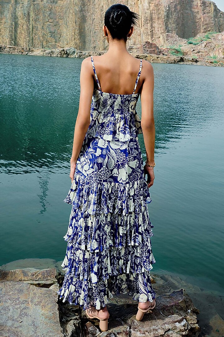 Indigo Blue Georgette Layered Skirt Set by Sana Barreja at Pernia's Pop Up Shop