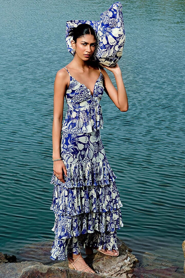 Indigo Blue Georgette Layered Skirt Set by Sana Barreja at Pernia's Pop Up Shop