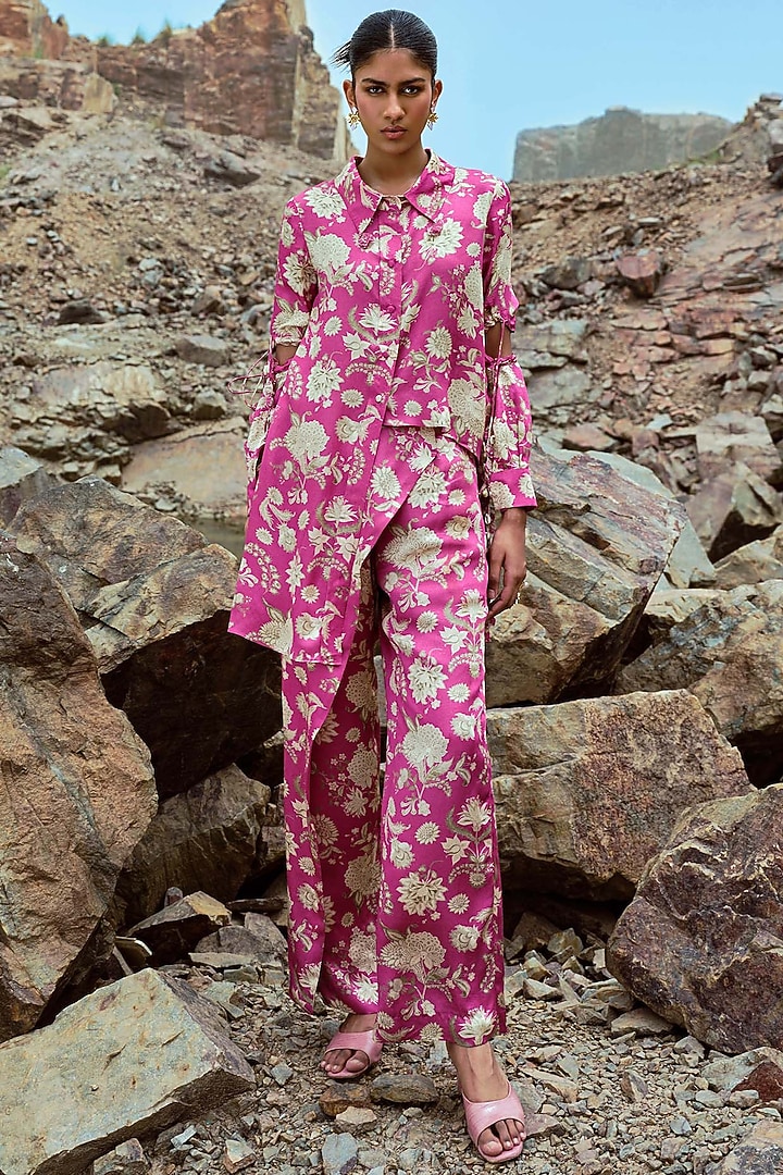 Fuchsia & Ivory Modal Embellished Co-Ord Set by Sana Barreja at Pernia's Pop Up Shop