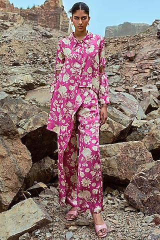 Fuchsia & Ivory Modal Embellished Co-Ord Set by Sana Barreja