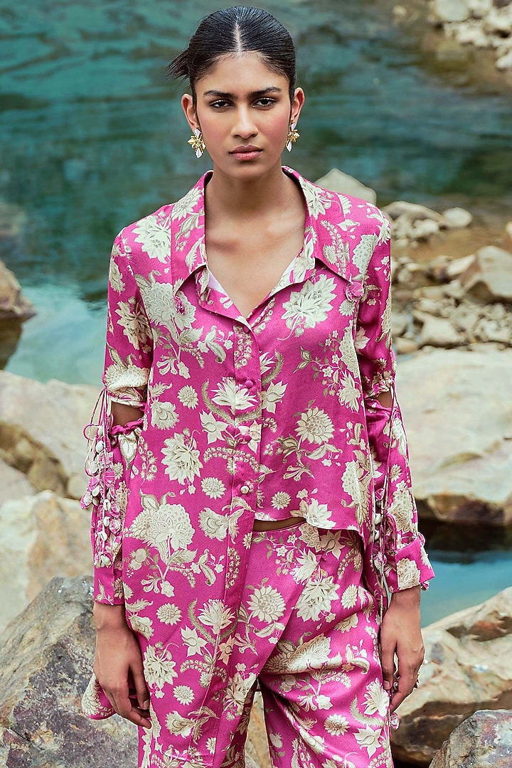 Fuchsia & Ivory Modal Embellished Co-Ord Set by Sana Barreja at Pernia's Pop Up Shop