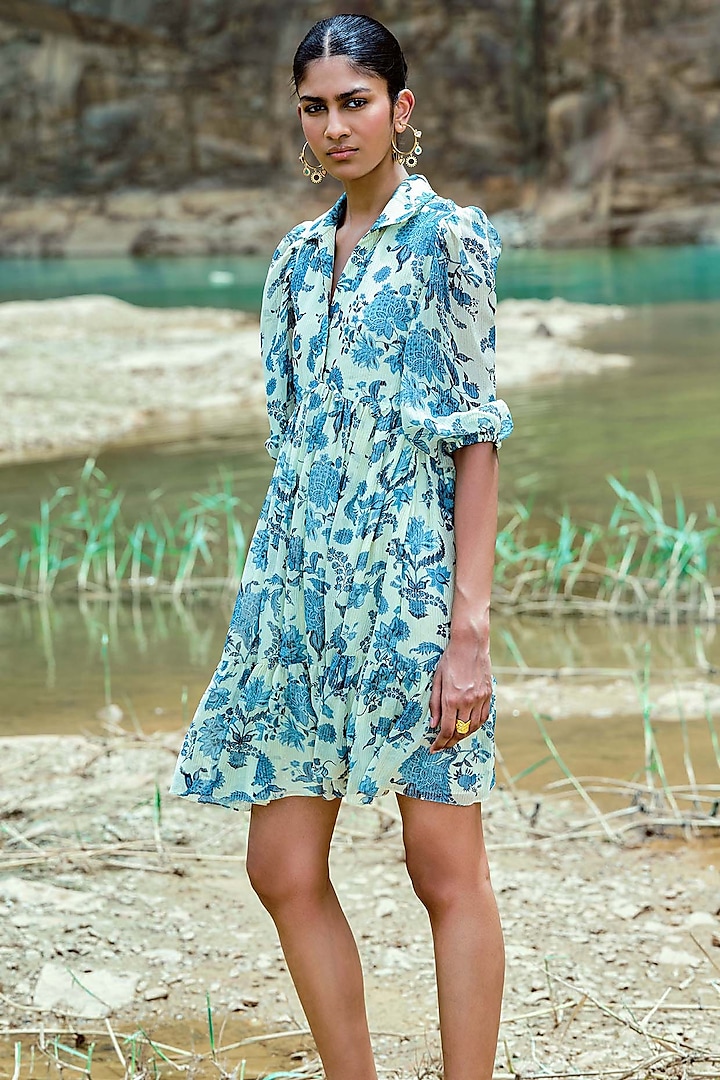 Ivory & Blue Georgette Lurex Embellished Dress by Sana Barreja