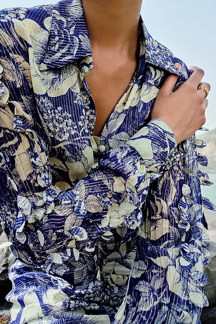 Indigo Blue Georgette Lurex Pre-Draped Skirt Set by Sana Barreja at Pernia's Pop Up Shop
