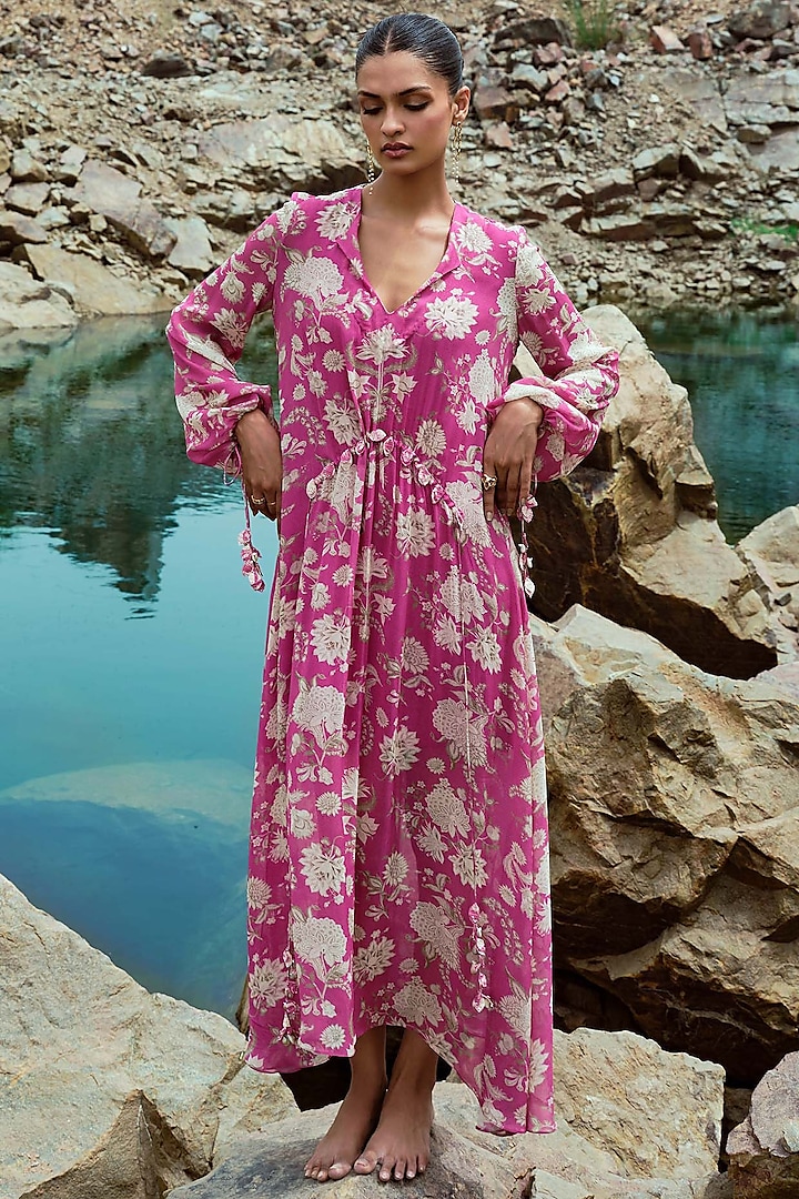 Fuchsia & Ivory Georgette Embellished Kaftan Dress  by Sana Barreja