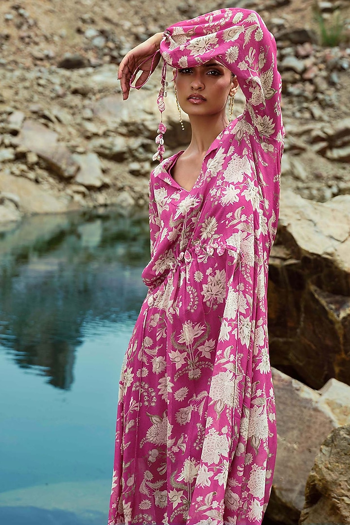 Fuchsia & Ivory Georgette Embellished Kaftan Summer Dress by Sana Barreja at Pernia's Pop Up Shop