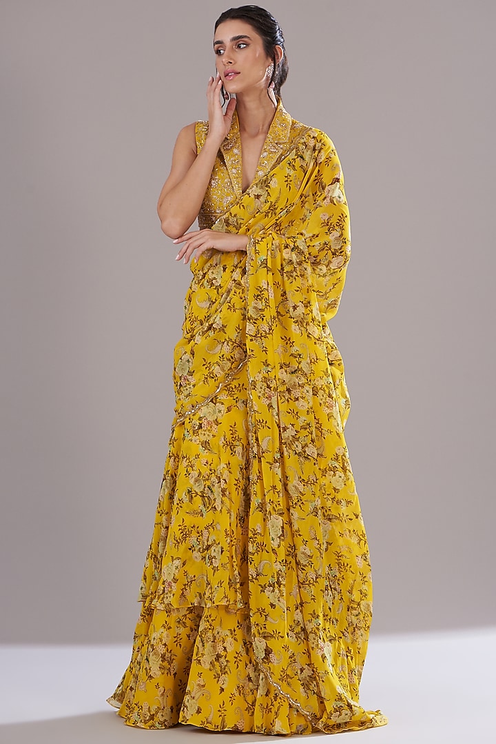 Yellow Georgette Printed & Hand Embroidered Saree Set by Sana Barreja