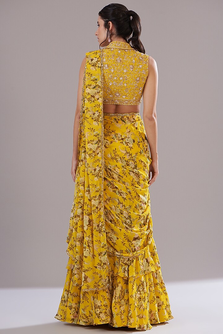 Yellow Georgette Printed & Hand Embroidered Wedding Saree Set by Sana Barreja at Pernia's Pop Up Shop