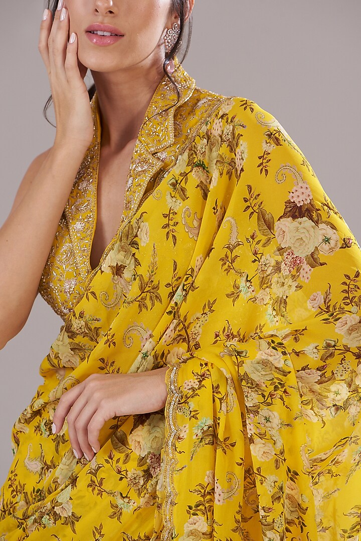 Yellow Georgette Printed & Hand Embroidered Wedding Saree Set by Sana Barreja at Pernia's Pop Up Shop