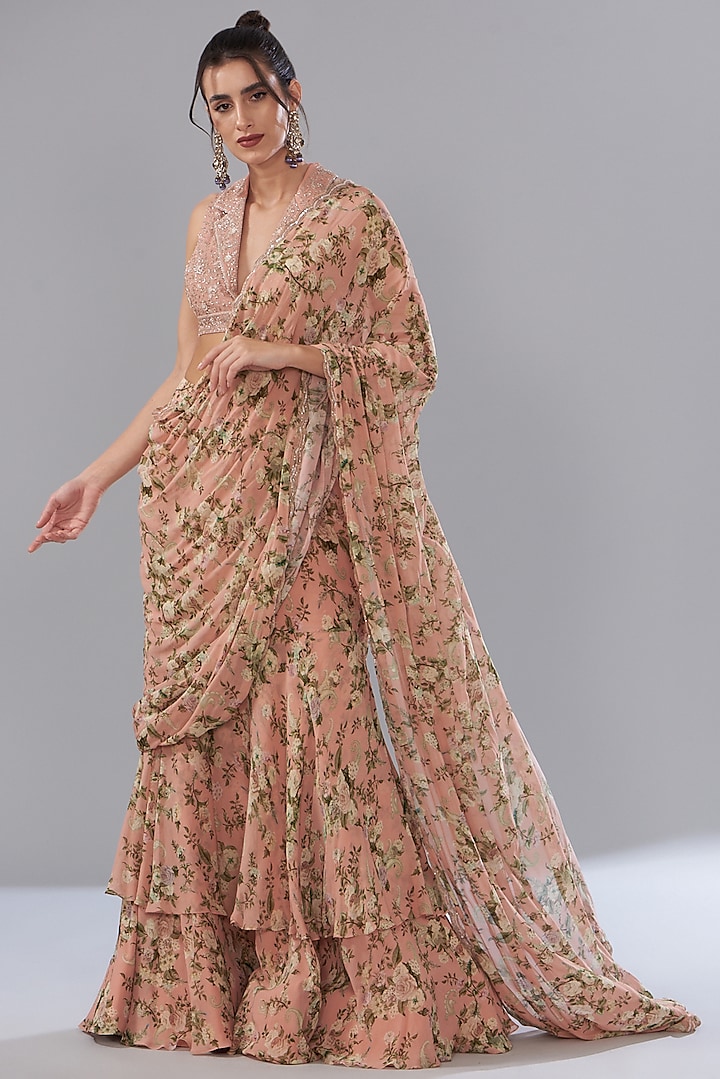 Peach Georgette Paisley Printed & Embroidered Saree Set by Sana Barreja