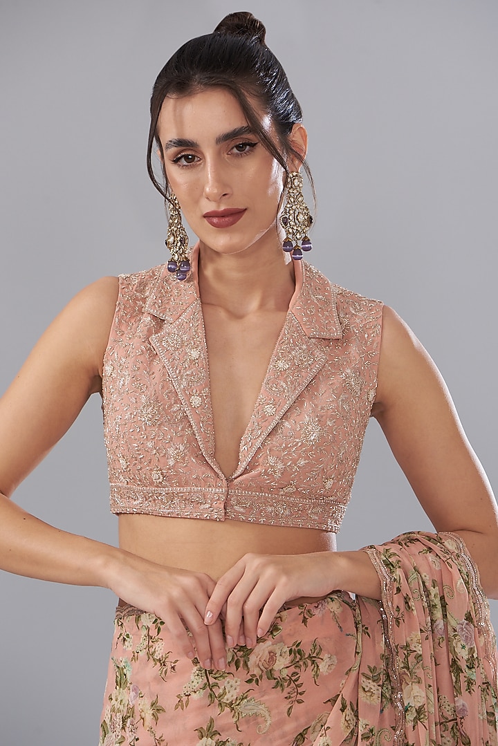 Peach Georgette Paisley Printed & Embroidered Wedding Saree Set by Sana Barreja at Pernia's Pop Up Shop