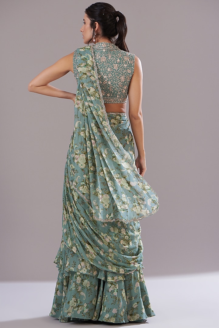 Ice Blue Georgette Printed & Hand Embroidered Wedding Saree Set by Sana Barreja at Pernia's Pop Up Shop