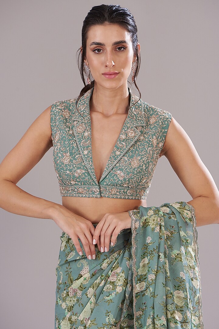 Ice Blue Georgette Printed & Hand Embroidered Wedding Saree Set by Sana Barreja at Pernia's Pop Up Shop