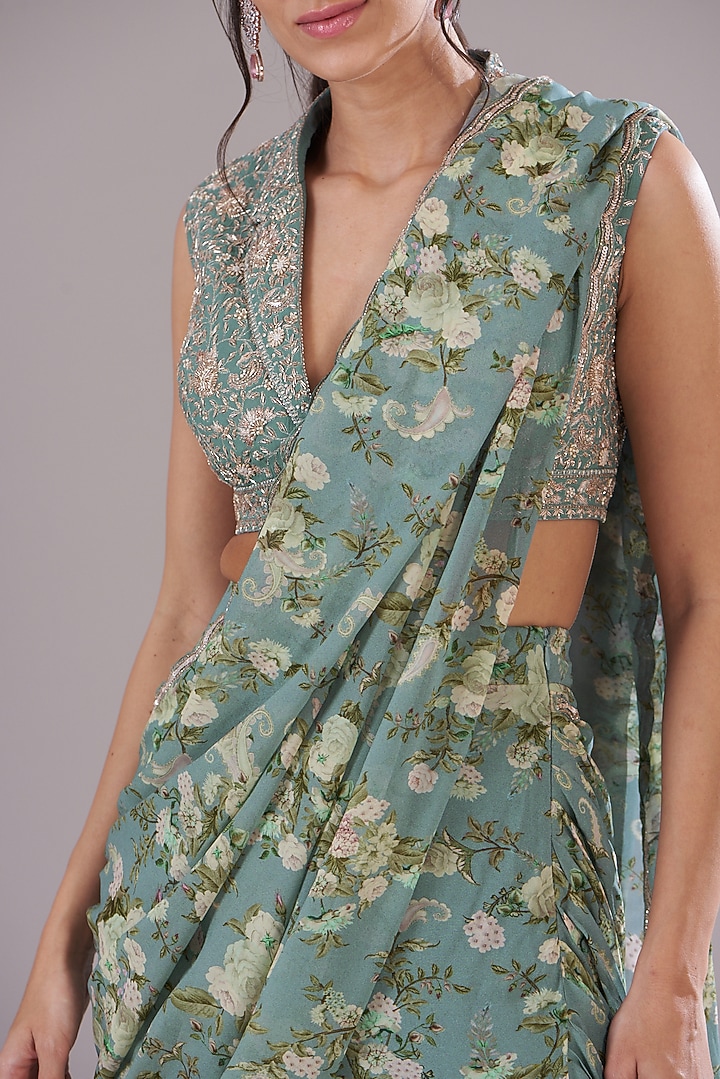 Ice Blue Georgette Printed & Hand Embroidered Wedding Saree Set by Sana Barreja at Pernia's Pop Up Shop