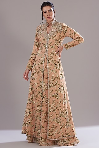 Peach Georgette Printed & Embroidered Jacket Set by Sana Barreja