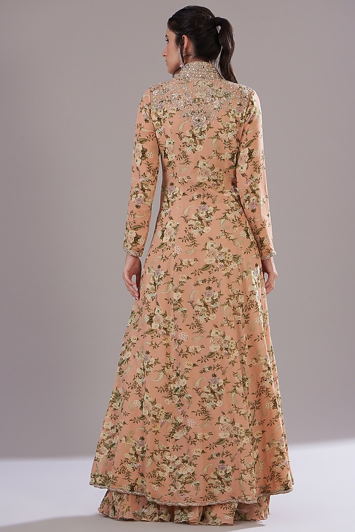 Peach Georgette Printed & Embroidered Jacket Set by Sana Barreja at Pernia's Pop Up Shop