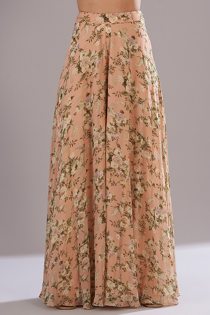 Peach Georgette Printed & Embroidered Jacket Set by Sana Barreja at Pernia's Pop Up Shop
