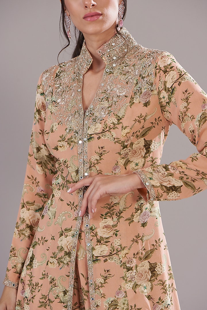 Peach Georgette Printed & Embroidered Jacket Set by Sana Barreja at Pernia's Pop Up Shop