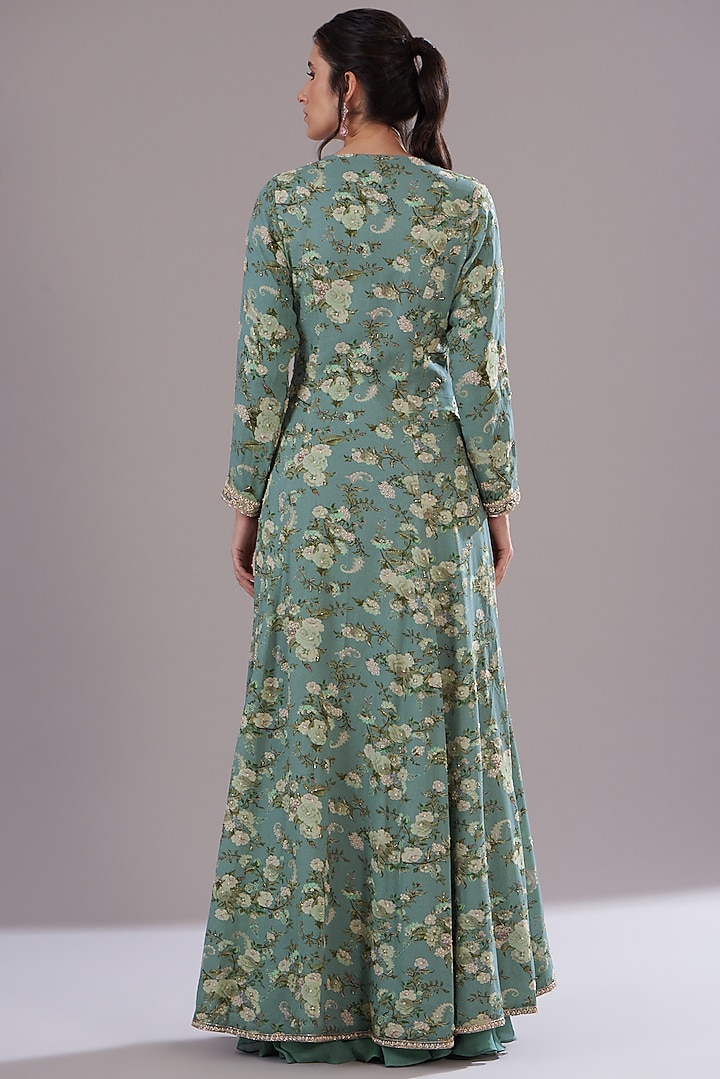 Ice Blue Georgette Printed & Embroidered Jacket Set by Sana Barreja at Pernia's Pop Up Shop