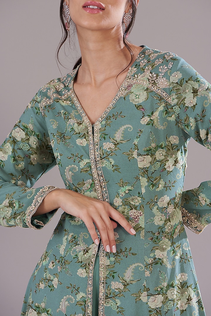 Ice Blue Georgette Printed & Embroidered Jacket Set by Sana Barreja at Pernia's Pop Up Shop